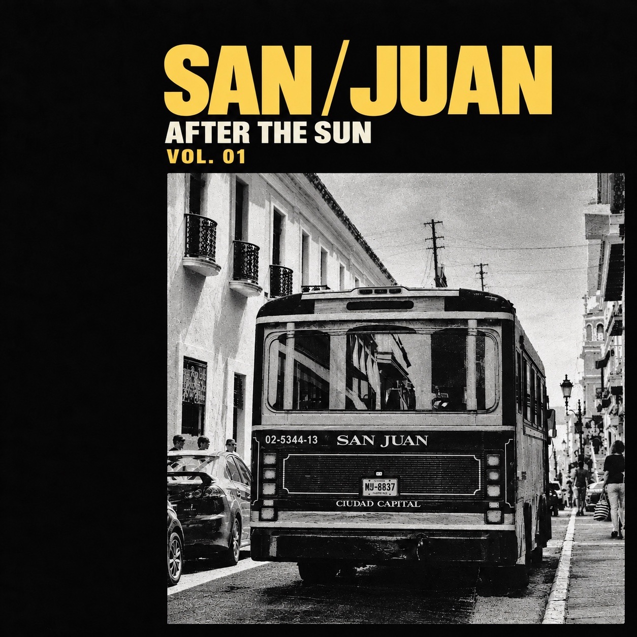 San Juan album artwork with bold yellow typography and monochrome street photography