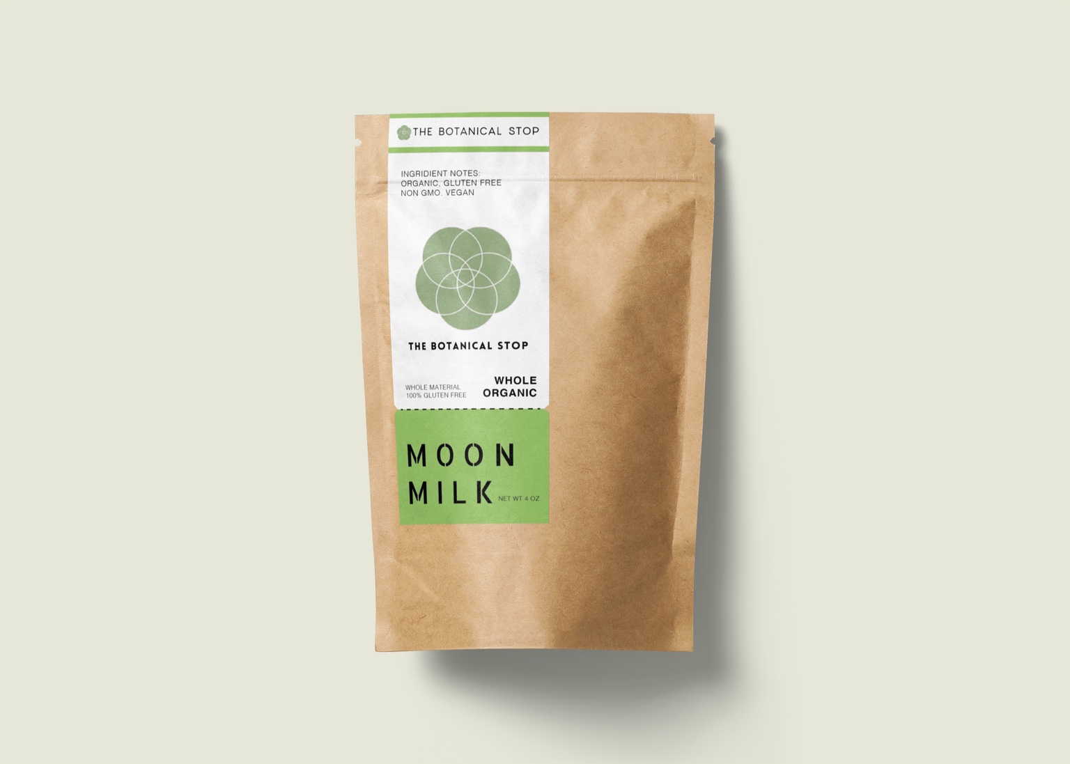 The Botanical Stop Moon Milk packaging design on a kraft pouch