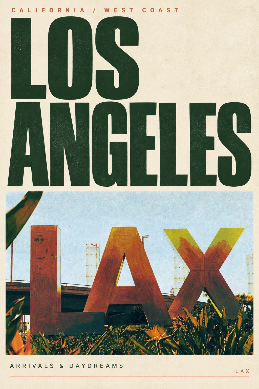Vintage-inspired Los Angeles poster with green typography and colorful LAX imagery