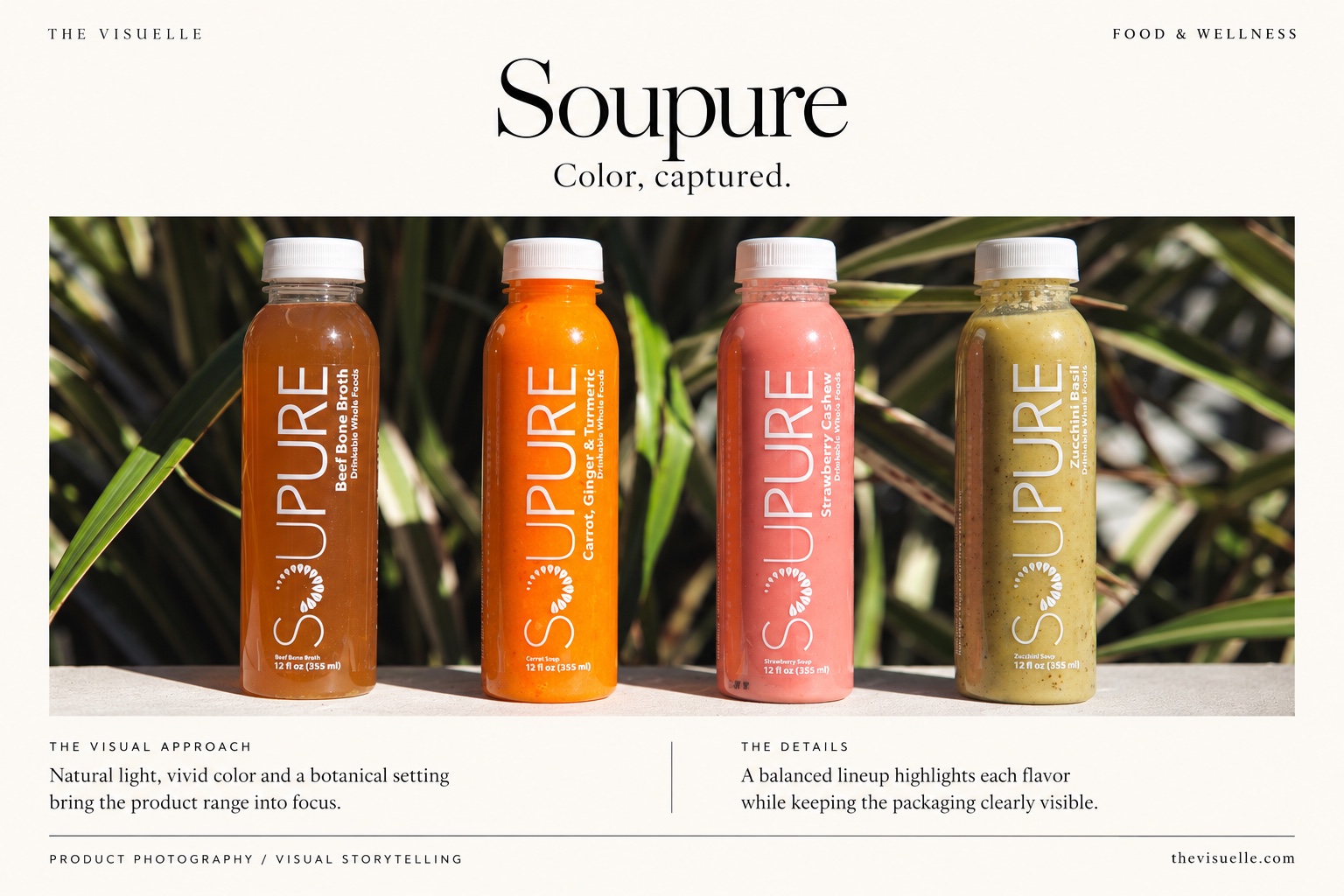 Soupure product photography presentation with four colorful bottles against botanical foliage