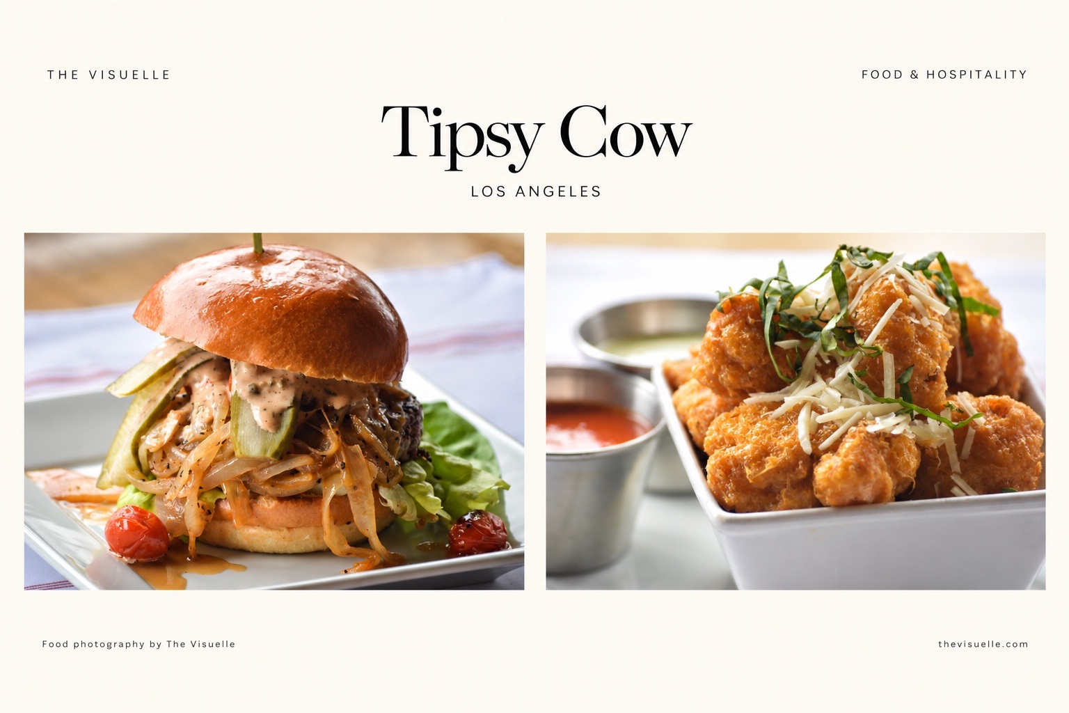 Cream Tipsy Cow Los Angeles presentation with burger and crispy bites photography