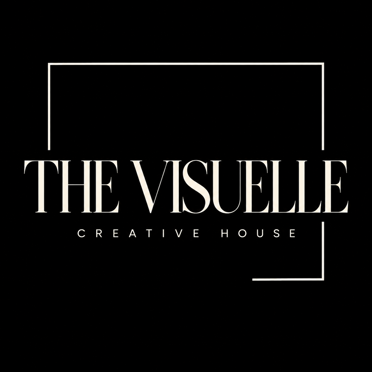 The Visuelle Creative House — ivory serif wordmark with an open frame on black